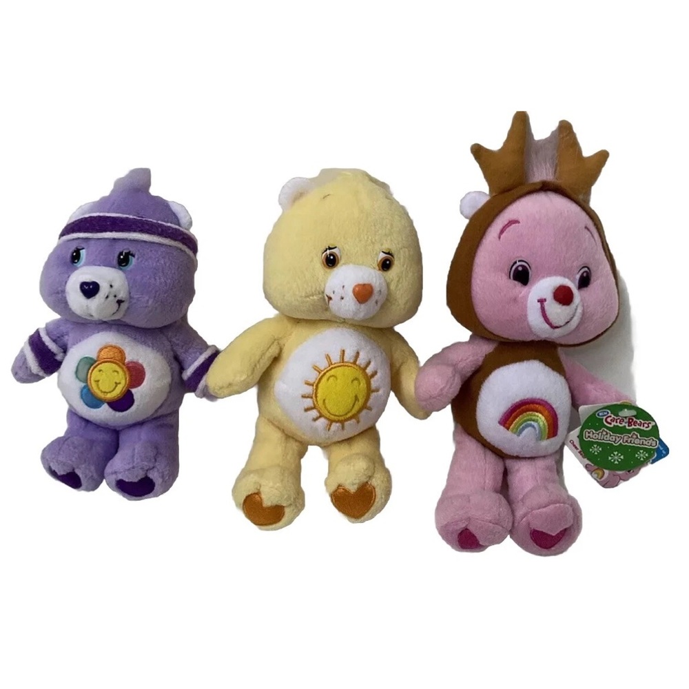 Care Bears Plush Trio - Purple, Yellow, Pink with Rainbow & Sun Badges
